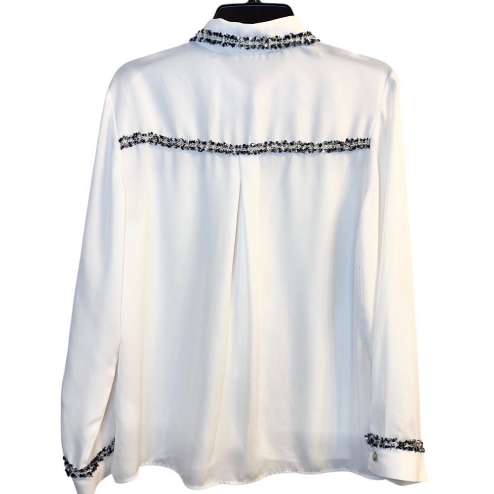 ZARA Women's Ivory Sheer Blouse Tweed Trim Long Sleeve Office Chic Classic S - Picture 6 of 15